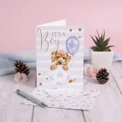 Wrendale Designs "It's a boy" koiranpentu onnittelukortti kirjekuorella